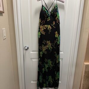 EUC City Triangles Black Floral Sequin Maxi Dress w/Green & Gold Accents Size 3
